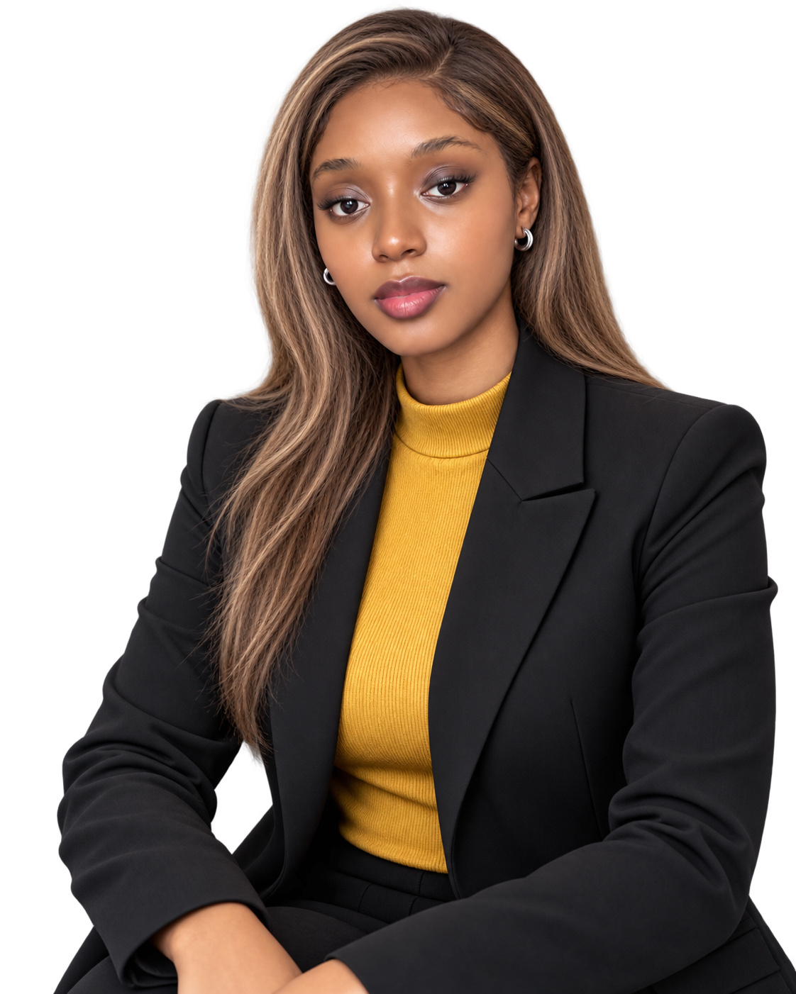 Portrait of a woman wearing a black blazer and gold top